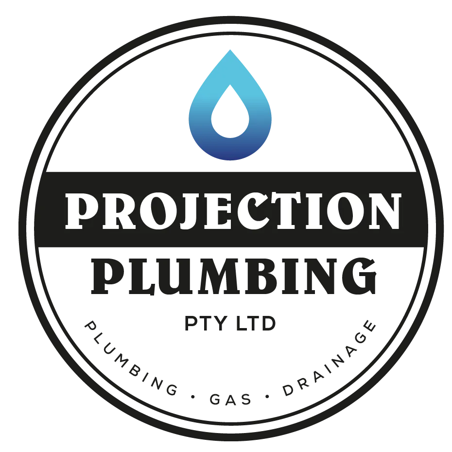 Projection Plumbing logo featuring a circular design with a blue water droplet icon, and bold text 'Projection Plumbing Pty Ltd' emphasizing expertise in hot water repairs and installations.